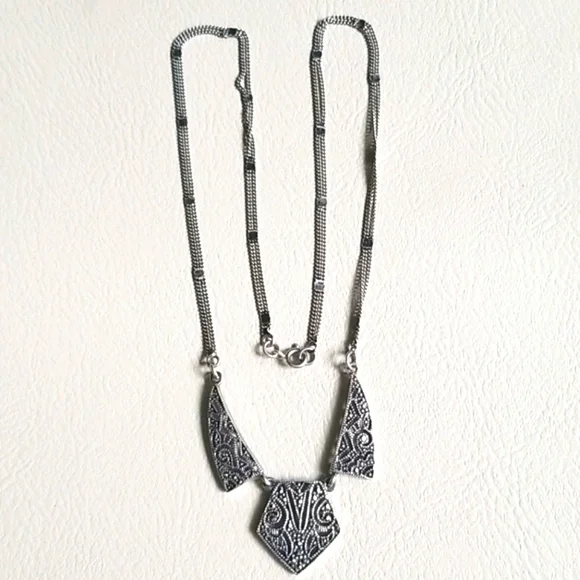 Vintage Art Deco 1920s Marcasite Sterling Silver Pendant Necklace - Picture 12 of 16